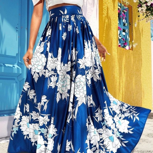 Blue Boho Womens High Waist Floral Print Pleated Skirt - Picture 5 of 5